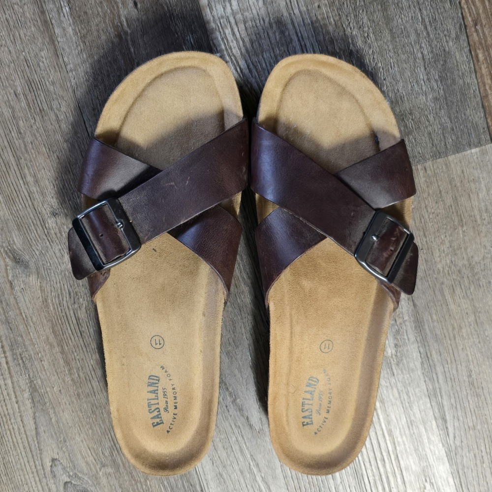 Eastland Active Memory Foam Slide Sandals Women 11 Brown Leather Buckle Casual